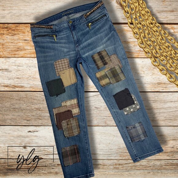 Michael Kors Jeans Boho Neutral Patched Ankle Gold Chain Refashioned Womens 14 - Picture 1 of 11
